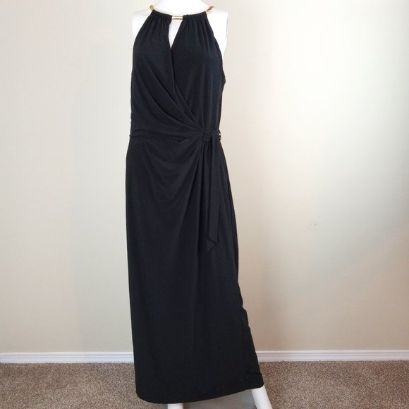 Emma & Michele Dresses & Skirts - Emma & Michele Women's Halter Maxi Dress Size 14 Black Gold Chain Faux Wrap